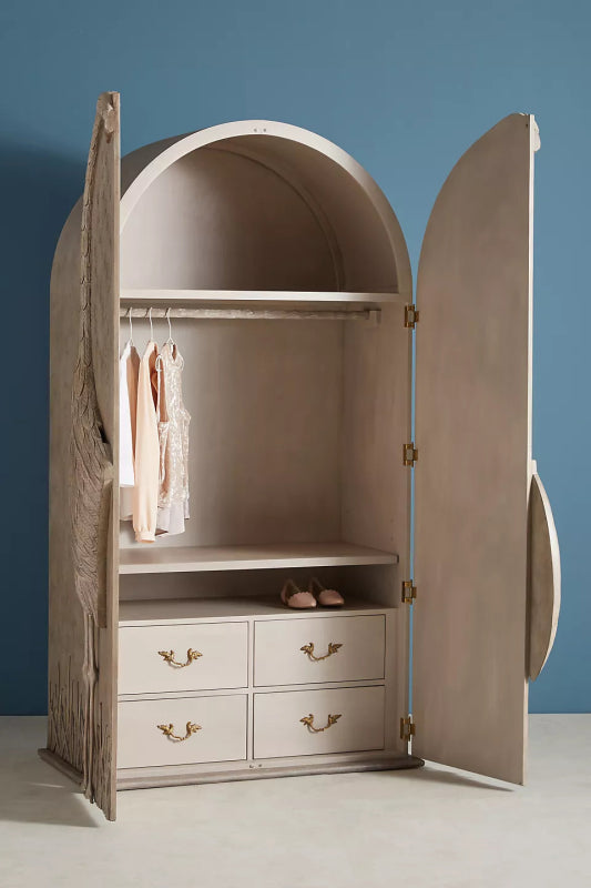 Hand - Carved White Armoire – Solid Wood, Minimalist Design Armoire - Bone Inlay Furnitures