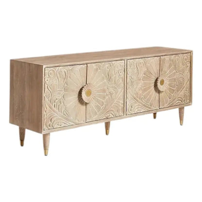 Hand Carved White Color Two Door Custom Design Media Console Media Console - Bone Inlay Furnitures