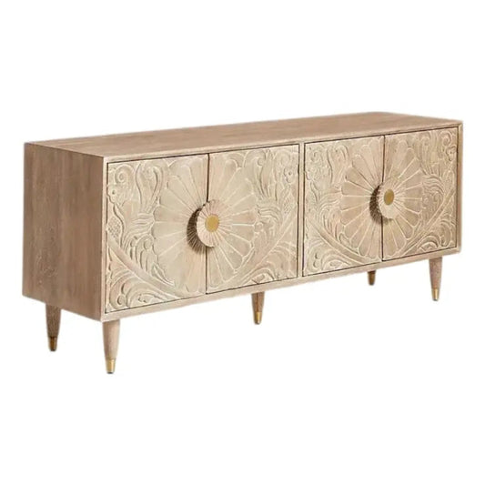 Hand Carved White Color Two Door Custom Design Media Console Media Console - Bone Inlay Furnitures