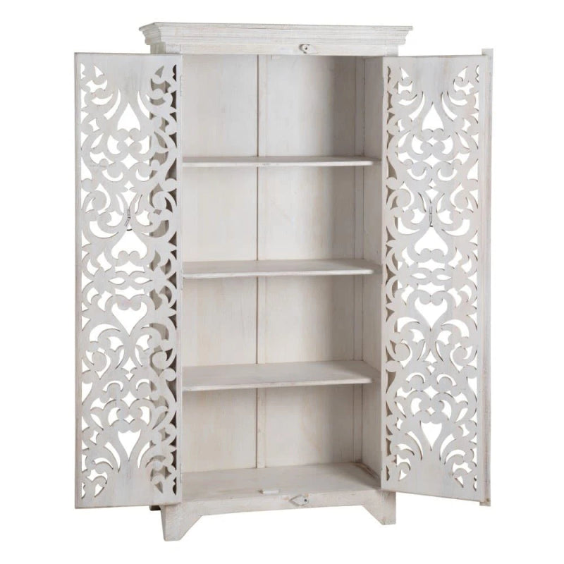 Hand Carved White Floral Armoire – Solid Wood With Carved Doors Storage Closet Armoire - Bone Inlay Furnitures