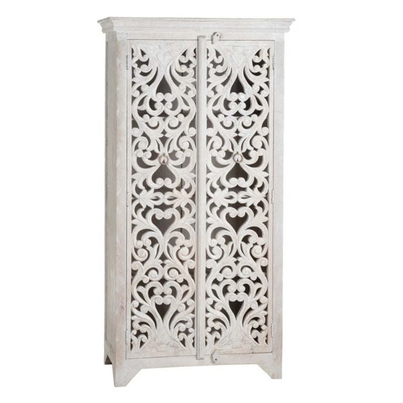 Hand Carved White Floral Armoire – Solid Wood With Carved Doors Storage Closet Armoire - Bone Inlay Furnitures