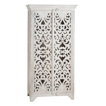 Hand Carved White Floral Armoire – Solid Wood With Carved Doors Storage Closet Armoire - Bone Inlay Furnitures
