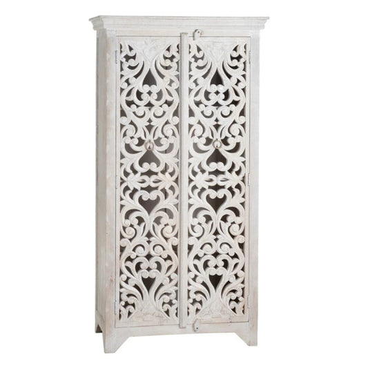 Hand Carved White Floral Armoire – Solid Wood With Carved Doors Storage Closet Armoire - Bone Inlay Furnitures