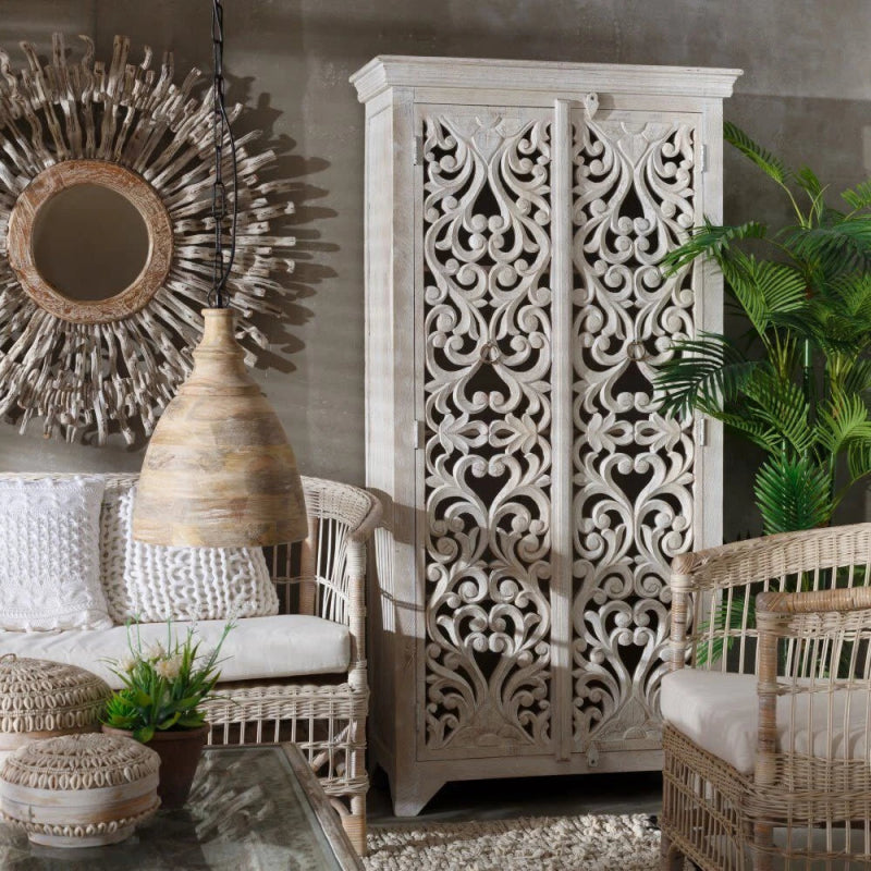 Hand Carved White Floral Armoire – Solid Wood With Carved Doors Storage Closet Armoire - Bone Inlay Furnitures