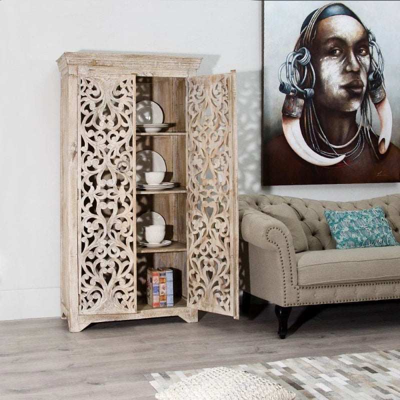 Hand Carved White Floral Armoire – Solid Wood With Carved Doors Storage Closet Armoire - Bone Inlay Furnitures