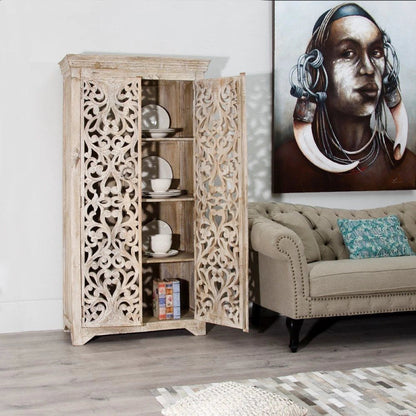 Hand Carved White Floral Armoire – Solid Wood With Carved Doors Storage Closet Armoire - Bone Inlay Furnitures