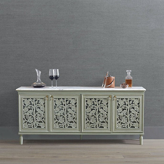Hand Carved White Peacock Design Sideboard Cabinet Buffet & Sideboard - Bone Inlay Furnitures