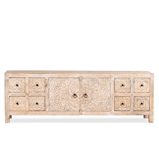Hand - Carved Whitewashed Sideboard Cabinet with Drawers– Boho Style Sideboard - Bone Inlay Furnitures