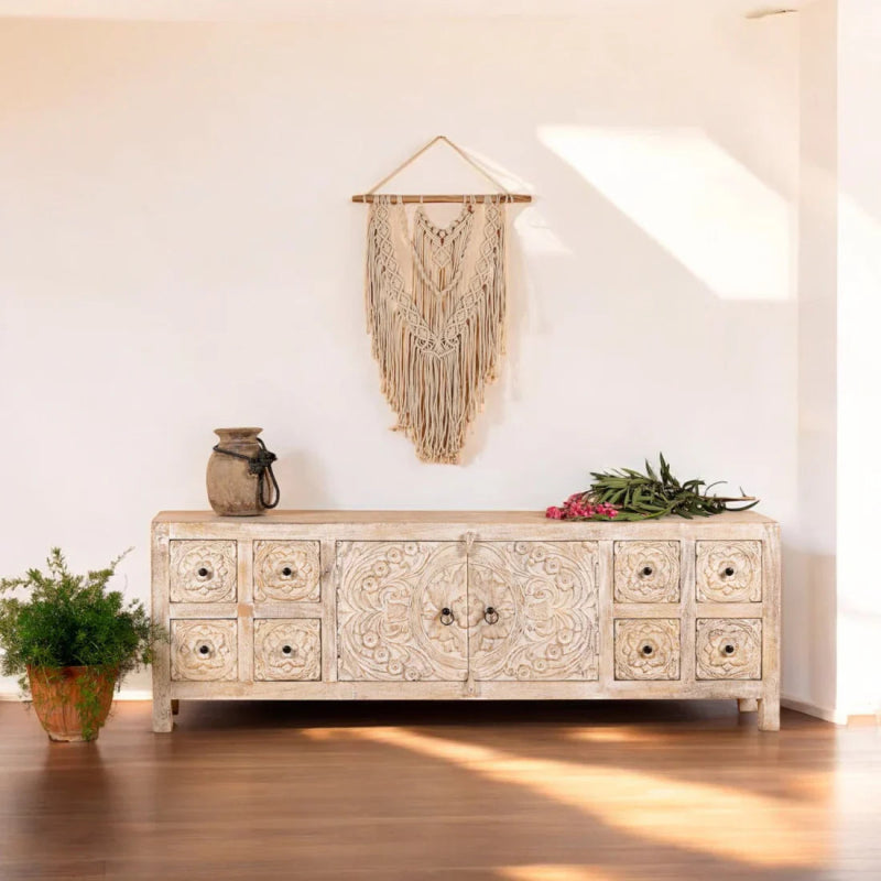 Hand - Carved Whitewashed Sideboard Cabinet with Drawers– Boho Style Sideboard - Bone Inlay Furnitures