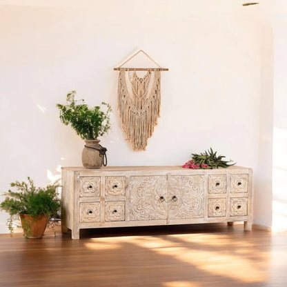 Hand - Carved Whitewashed Sideboard Cabinet with Drawers– Boho Style Sideboard - Bone Inlay Furnitures