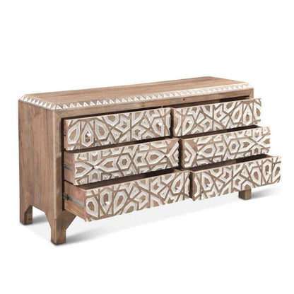 Hand Carved Wood Carved Six Drawer Dresser | Wood Bohemian Chest of Drawer, Drawer Dresser - Bone Inlay Furnitures
