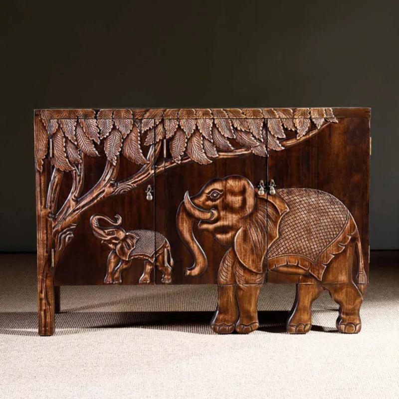 Indian Hand-carved solid wooden elephant sideboard featuring a high-relief elephant and jungle scene across three doors in a walnut wood finish.