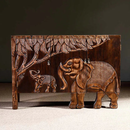 Indian Hand-carved solid wooden elephant sideboard featuring a high-relief elephant and jungle scene across three doors in a walnut wood finish.