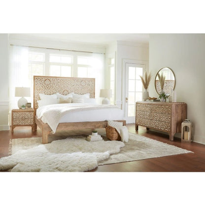 Hand Carved Wooden Bed Indian Design King Size Bed Beds & Bed Frames - Bone Inlay Furnitures