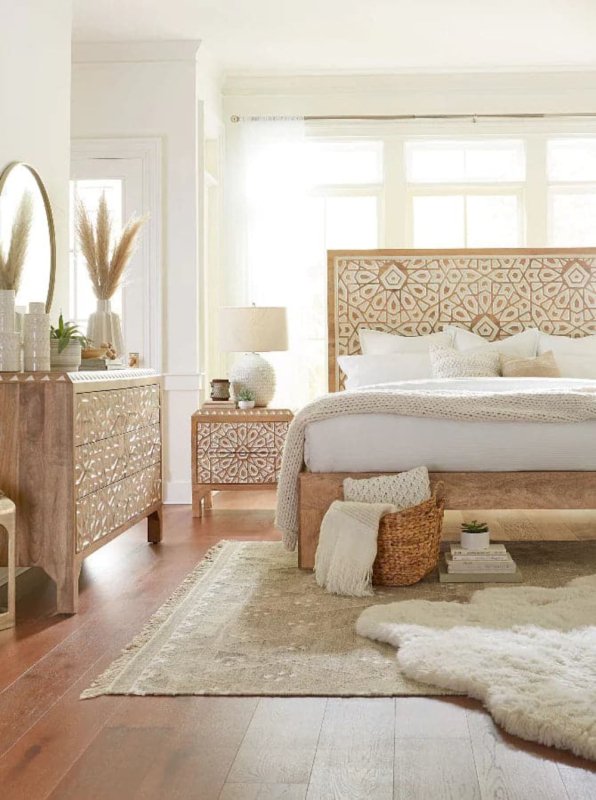 Hand Carved Wooden Bed Indian Design King Size Bed Beds & Bed Frames - Bone Inlay Furnitures