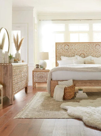 Hand Carved Wooden Bed Indian Design King Size Bed Beds & Bed Frames - Bone Inlay Furnitures