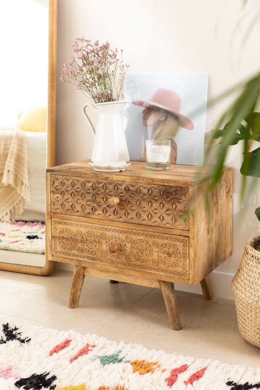 Hand - Carved Wooden Bed Side with Two Drawers Nightstand - Bone Inlay Furnitures