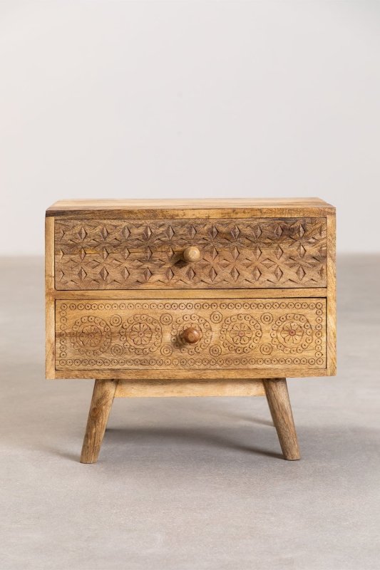 Hand - Carved Wooden Bed Side with Two Drawers Nightstand - Bone Inlay Furnitures