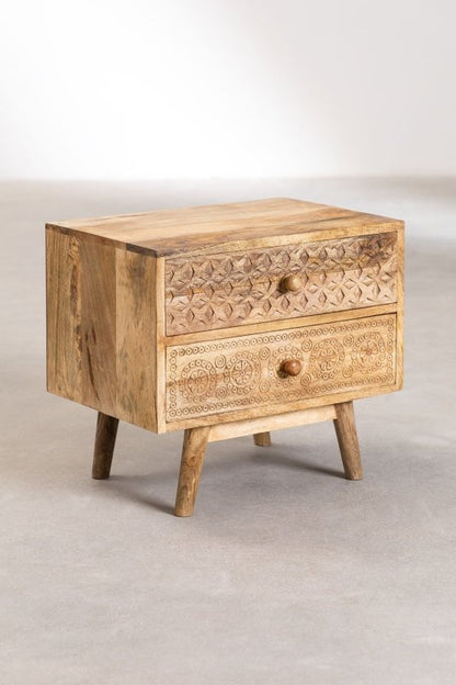Hand - Carved Wooden Bed Side with Two Drawers Nightstand - Bone Inlay Furnitures