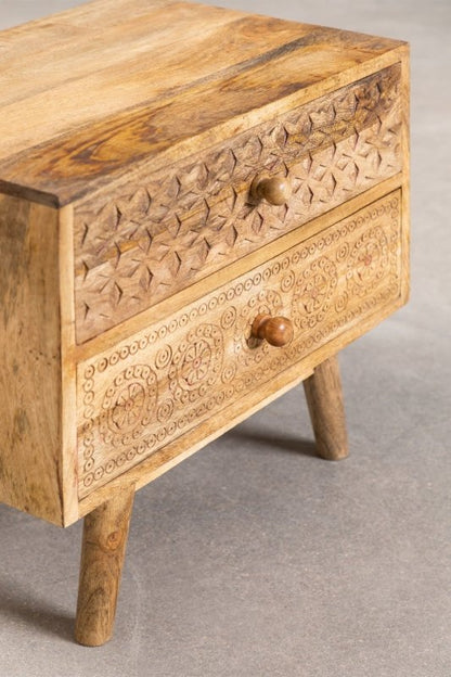 Hand - Carved Wooden Bed Side with Two Drawers Nightstand - Bone Inlay Furnitures