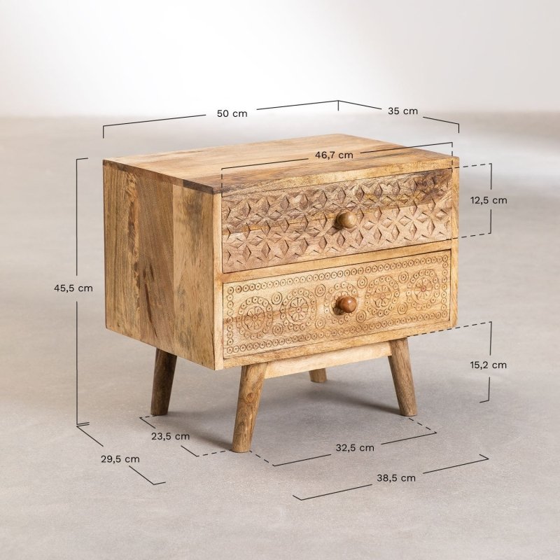 Hand - Carved Wooden Bed Side with Two Drawers Nightstand - Bone Inlay Furnitures