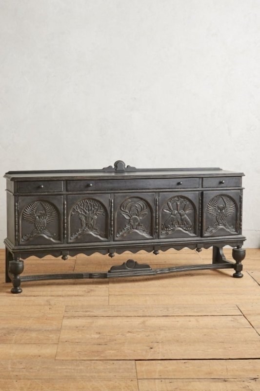 Hand - Carved Wooden Black Sideboard: Wildlife Motif & Storage Buffet & Sideboard - Bone Inlay Furnitures