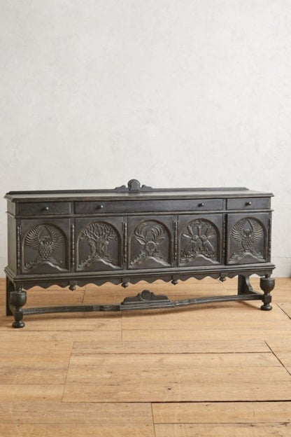 Hand - Carved Wooden Black Sideboard: Wildlife Motif & Storage Buffet & Sideboard - Bone Inlay Furnitures