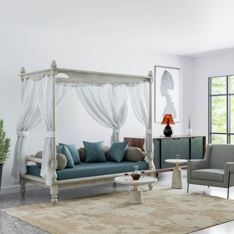 Hand Carved Wooden Canopy Daybeds Daybed - Bone Inlay Furnitures