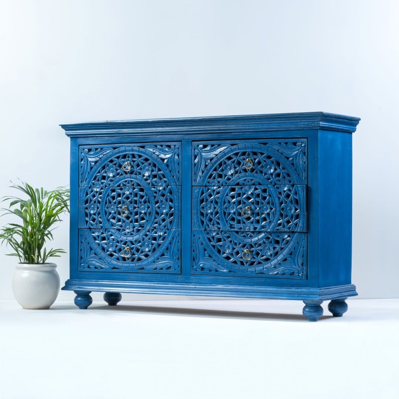 Hand Carved Wooden Chest of Drawers | Carved Dresser in Blue Color Chest of Drawers - Bone Inlay Furnitures