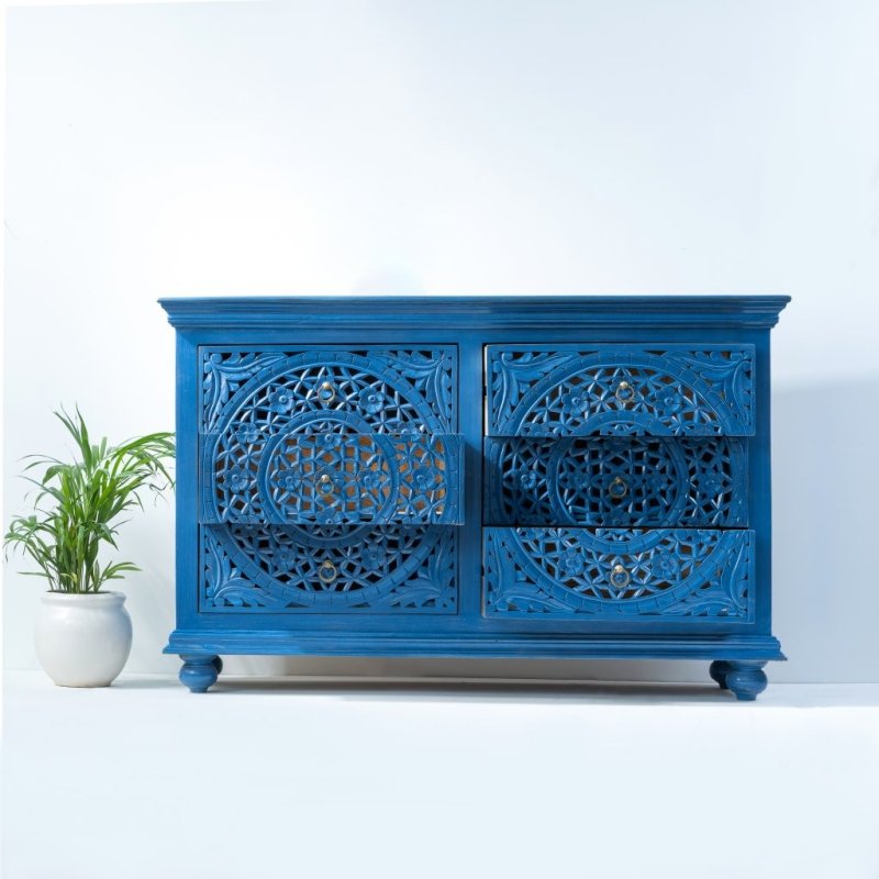 Hand Carved Wooden Chest of Drawers | Carved Dresser in Blue Color Chest of Drawers - Bone Inlay Furnitures