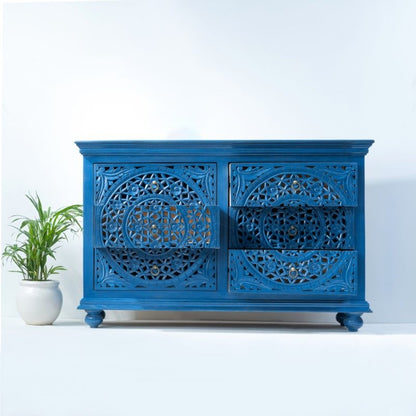 Hand Carved Wooden Chest of Drawers | Carved Dresser in Blue Color Chest of Drawers - Bone Inlay Furnitures