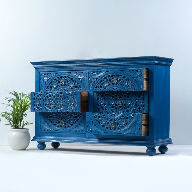 Hand Carved Wooden Chest of Drawers | Carved Dresser in Blue Color Chest of Drawers - Bone Inlay Furnitures