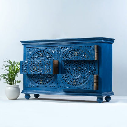Hand Carved Wooden Chest of Drawers | Carved Dresser in Blue Color Chest of Drawers - Bone Inlay Furnitures