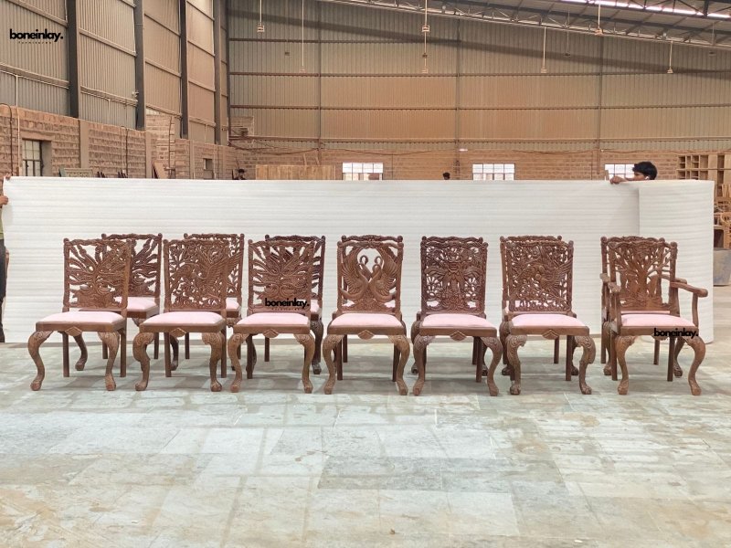 Hand - Carved Wooden Menagerie Dining Table and Chair Set (Any Design) Dining Table And Chair Set - Bone Inlay Furnitures