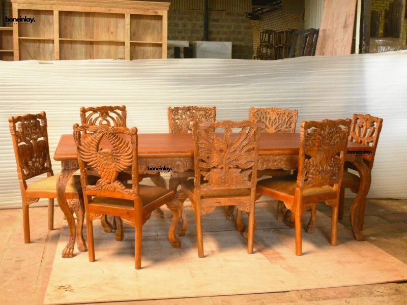 Hand - Carved Wooden Menagerie Dining Table and Chair Set (Any Design) Dining Table And Chair Set - Bone Inlay Furnitures