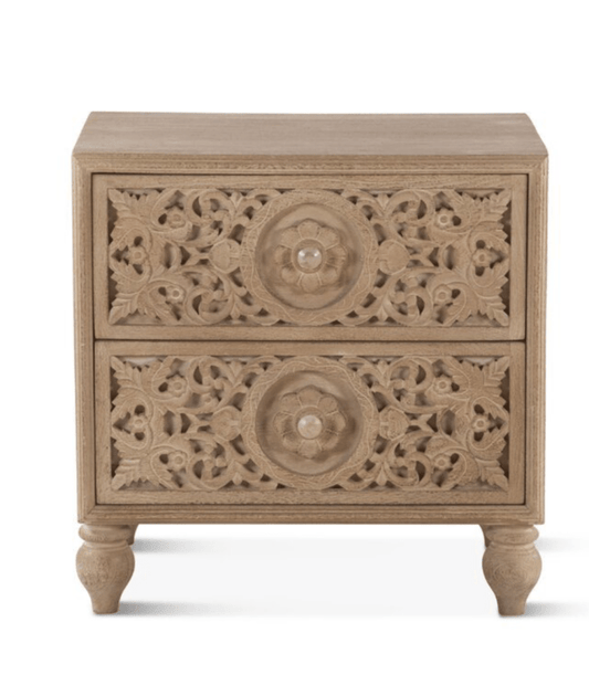Hand Carved Wooden Nightstand with Two Drawers | Natural Color Bedside table Nightstand - Bone Inlay Furnitures