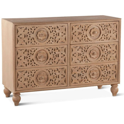Hand Carved Wooden Six Drawers Dresser | Natural Color Dresser Nightstand - Bone Inlay Furnitures