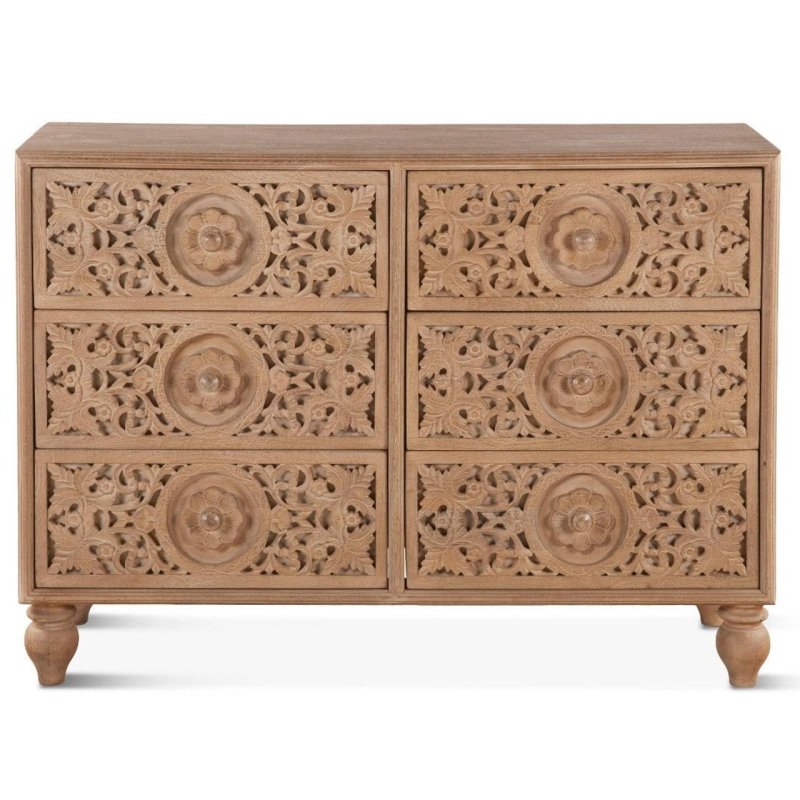Hand Carved Wooden Six Drawers Dresser | Natural Color Dresser Nightstand - Bone Inlay Furnitures