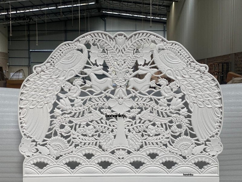 Hand Carved Woodland Bed - Ornate Wooden Traditional Masterpiece Bed - Bone Inlay Furnitures