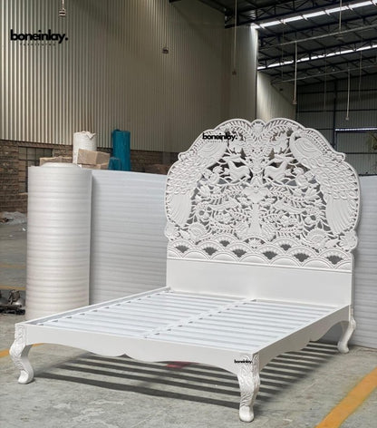 Hand Carved Woodland Bed - Ornate Wooden Traditional Masterpiece Bed - Bone Inlay Furnitures