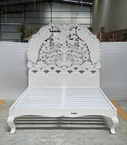 Hand Carved Woodland Bed - Ornate Wooden Traditional Masterpiece Bed - Bone Inlay Furnitures