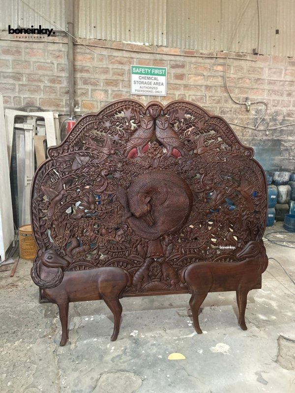 Hand Carved Woodland Big Bed Headboard in Deer Design Beds & Bed Frames - Bone Inlay Furnitures