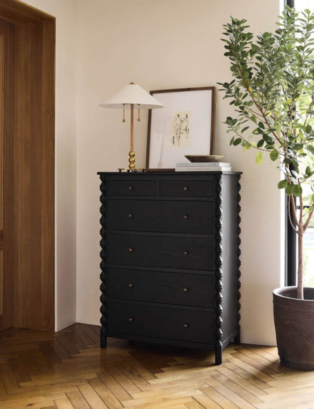 Hand-Crafted Black Solid Wood Tall Dresser | 6 Drawer Storage Chest Bone Inlay Furnitures Hand-Crafted Black Solid Wood Tall Dresser | 6 Drawer Storage Chest Bone Inlay Furnitures