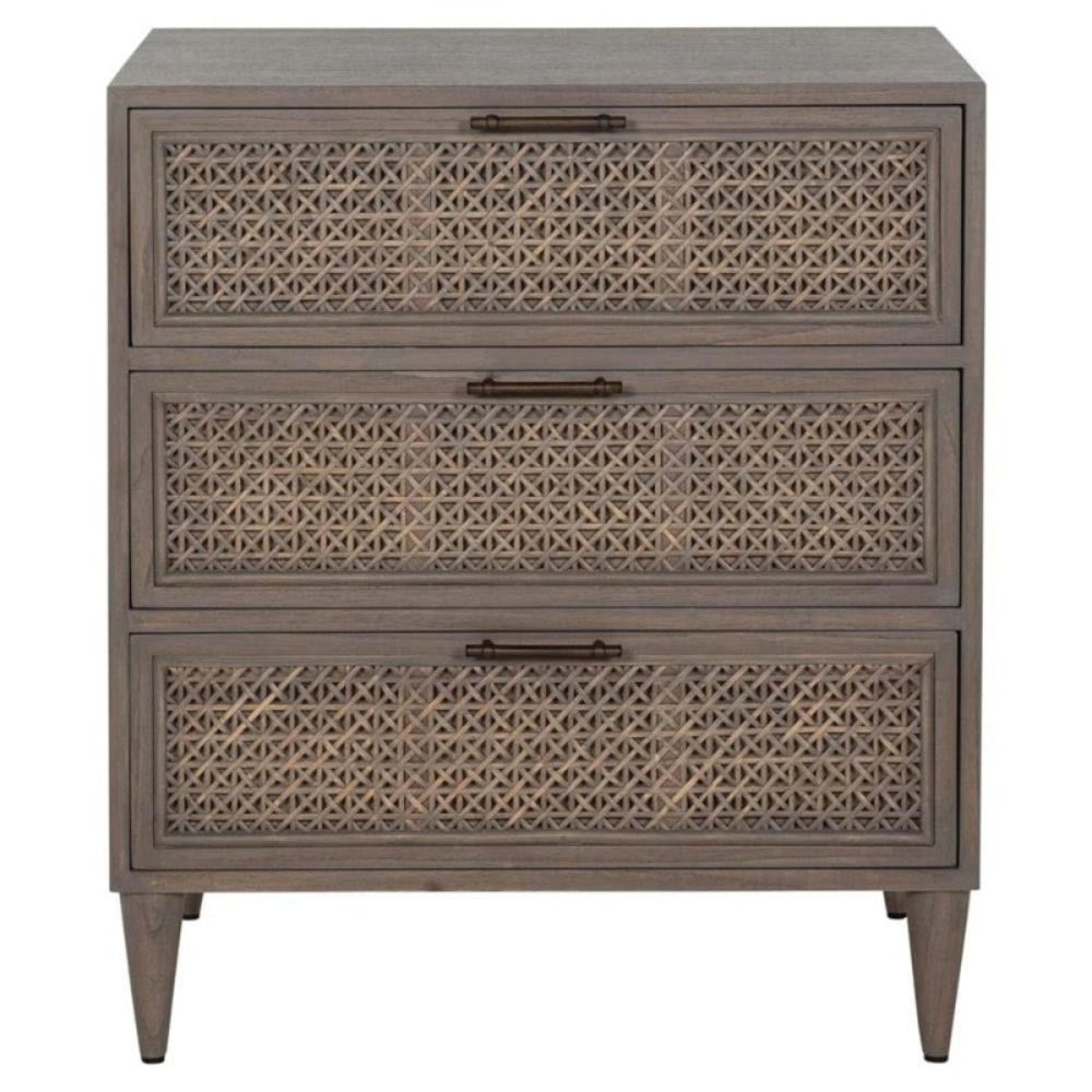 Hand - Crafted Coastal Beach Woven Rattan Brown Solid Wood Nightstand Nightstand - Bone Inlay Furnitures