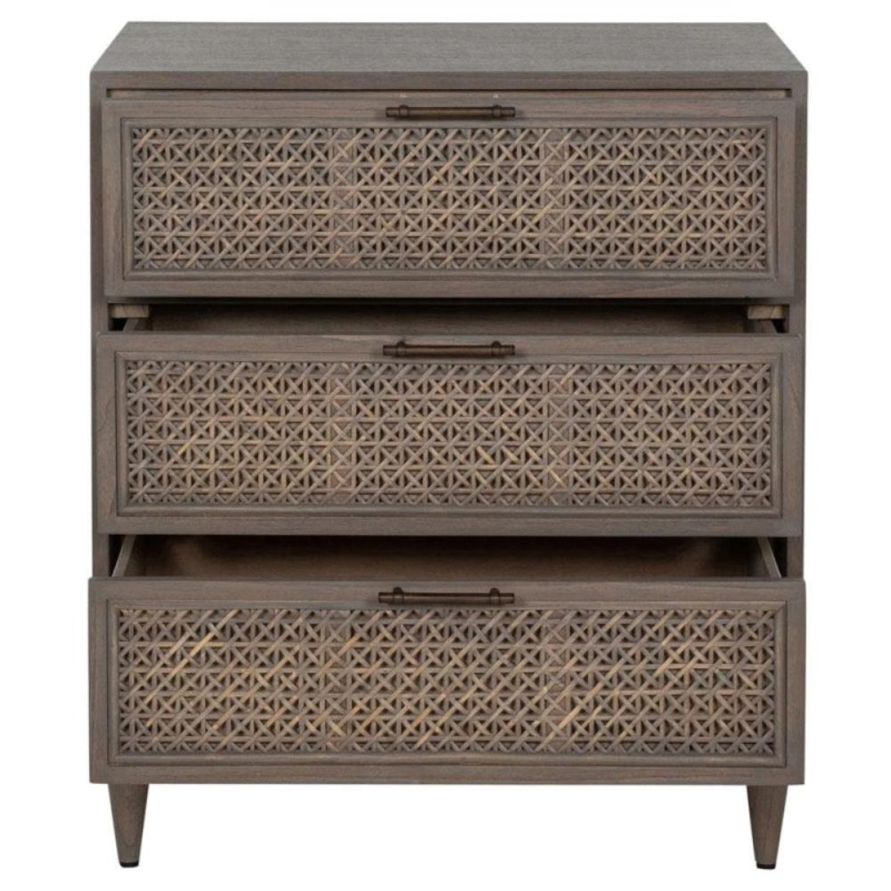 Hand - Crafted Coastal Beach Woven Rattan Brown Solid Wood Nightstand Nightstand - Bone Inlay Furnitures