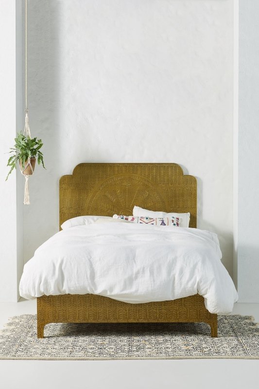 Hand - Embossed Brass Lotus Bed in Metal | Antique White and Golden Metal Bed Beds & Bed Frames - Bone Inlay Furnitures