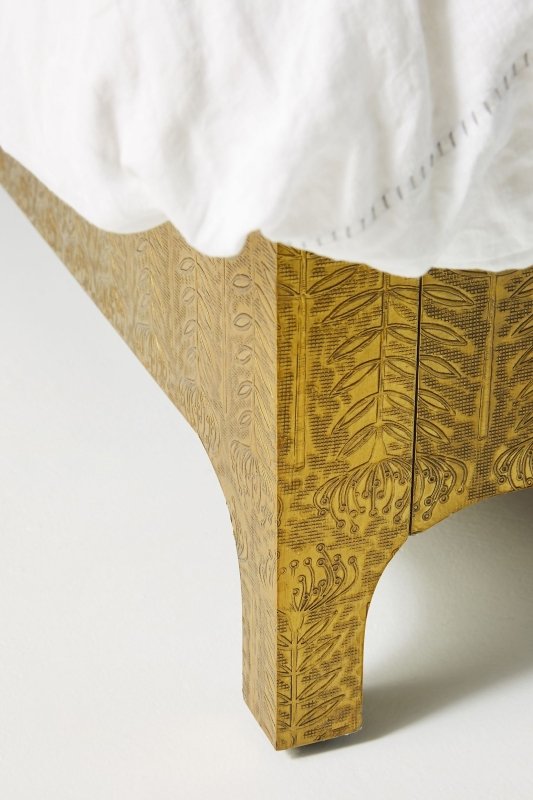 Hand - Embossed Brass Lotus Bed in Metal | Antique White and Golden Metal Bed Beds & Bed Frames - Bone Inlay Furnitures
