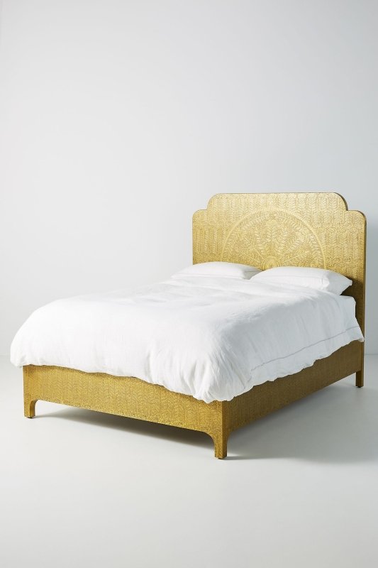 Hand - Embossed Brass Lotus Bed in Metal | Antique White and Golden Metal Bed Beds & Bed Frames - Bone Inlay Furnitures