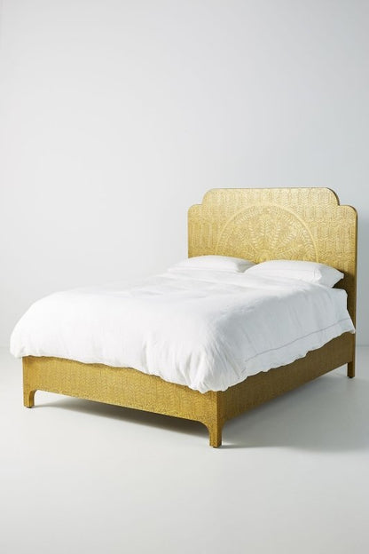 Hand - Embossed Brass Lotus Bed in Metal | Antique White and Golden Metal Bed Beds & Bed Frames - Bone Inlay Furnitures