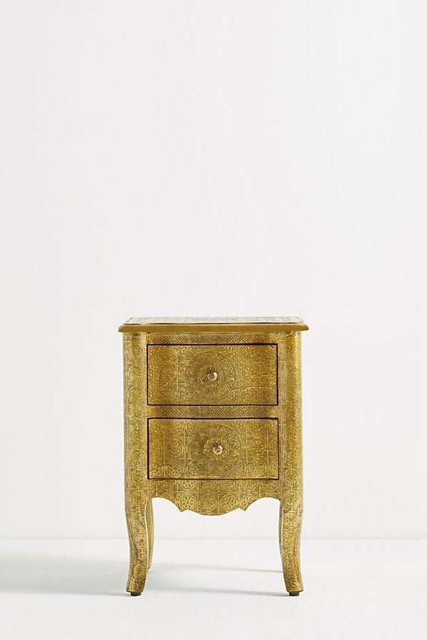 Handmade Exclusive Embossed Metal Nightstand | Metal Bedside with Two Drawers